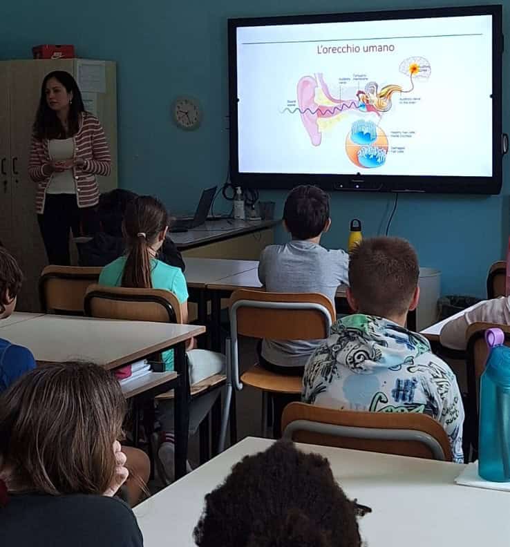 in a classroom, pupils observe the overhead projector where the physiology of the ear is presented